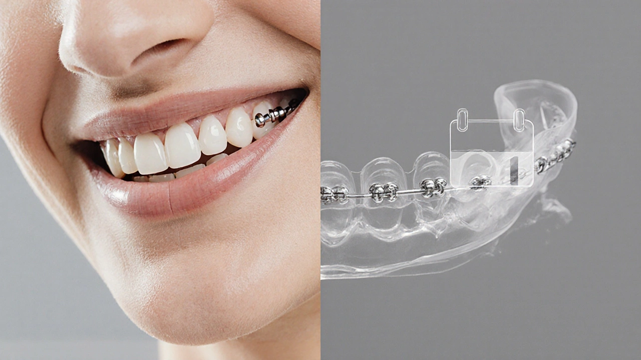 Split visual comparing fast-moving braces versus slower aligners with time icons.