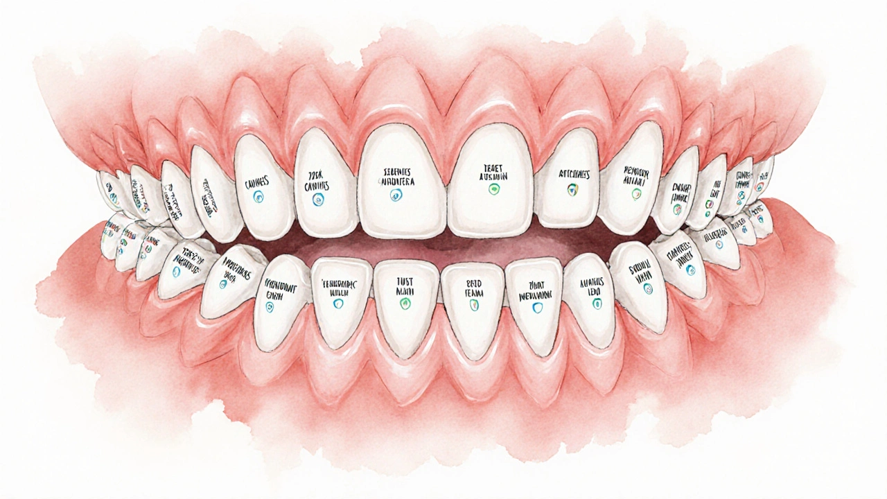 Srovnání tvarů mléčných a trvalých zubů v dětské čelisti bez textu.