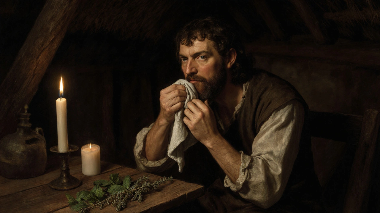 Středověký lidé si otírá zuby hadříkem namočeným v bylinném odvaru.