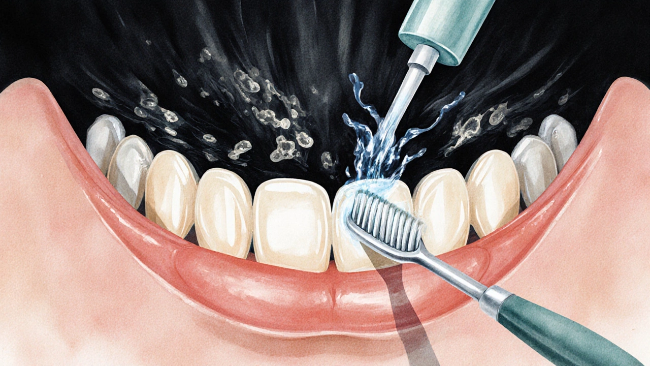 Symbolický obraz bakterií a plaku pod můstkem čištěným kartáčkem.