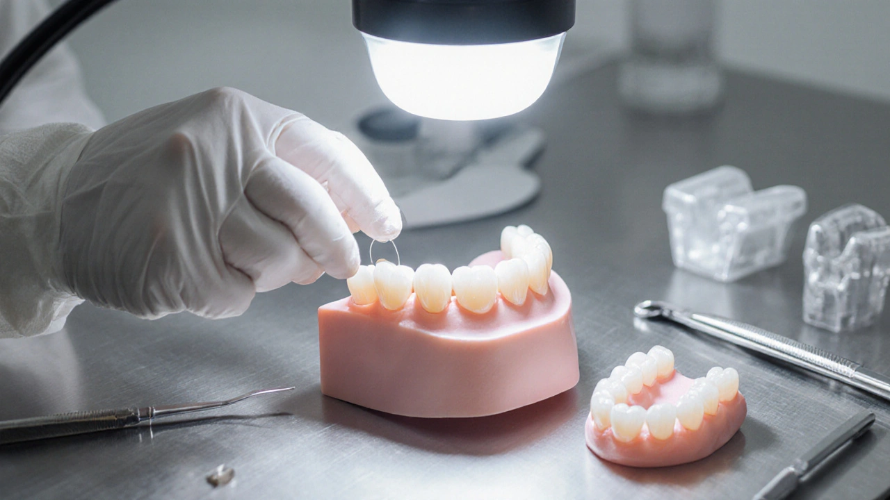 Technik v zubní laboratoři připevňuje tenkou keramickou fazetu na model zubu pod lůžkem.