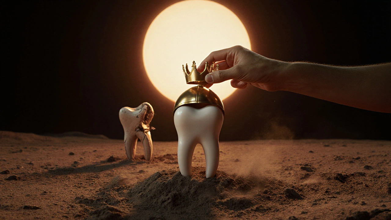 Zlatá korunka jako přilba chrání zub před rozpadem v symbolické krajině.