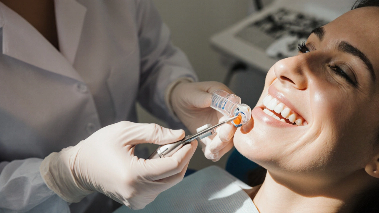Zubní lékař aplikuje domácí bělicí formy pacientovi v klinice.