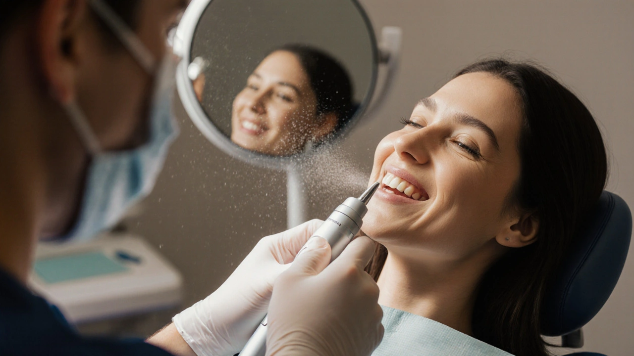 Zubní lékař odstraňuje kámen ultrazvukovým skrabákem v klinice.