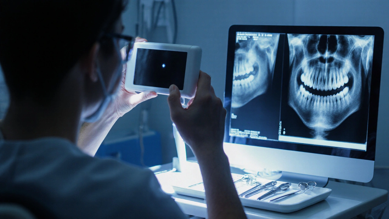 Zubní lékař vyšetřuje pacienta pomocí rentgenu v pohotovosti.