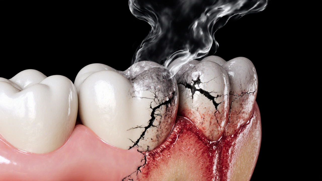 Zvětšený pohled na poškozenou zubní sklovinu s viditelnými mikroporami.