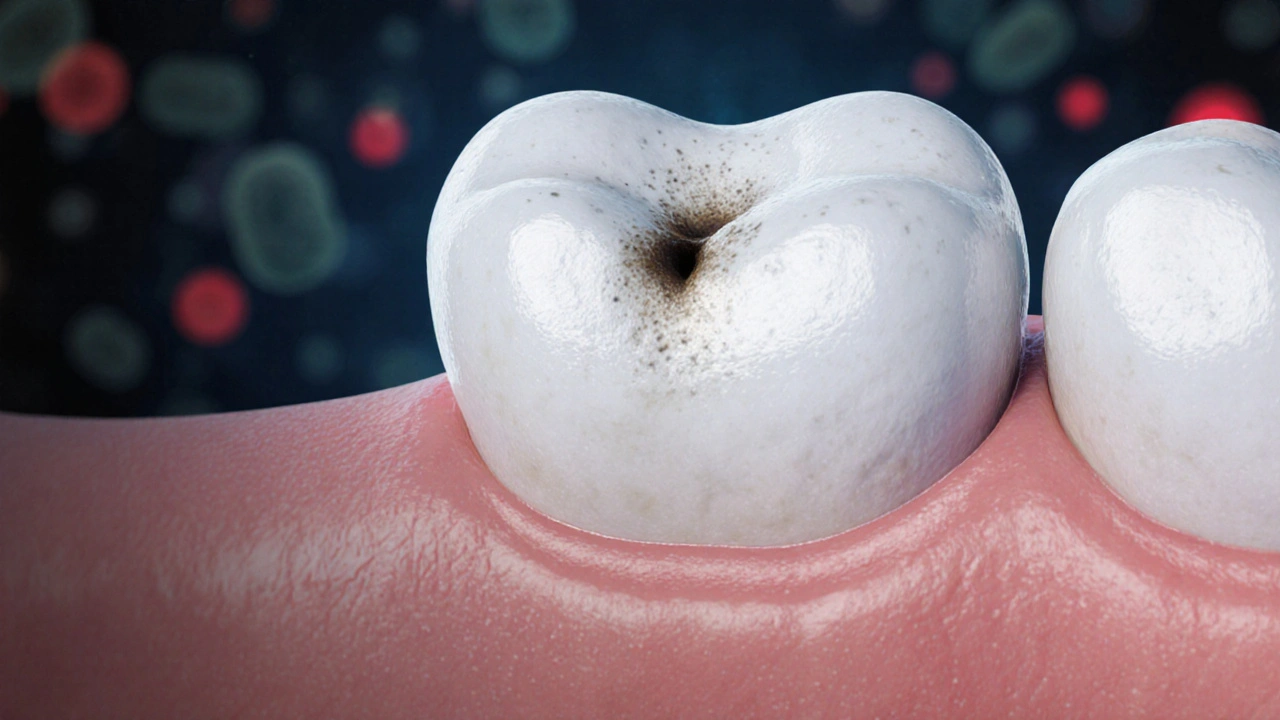 Zvětšený pohled na zub s počátečním kazem a bakteriálním plakem.