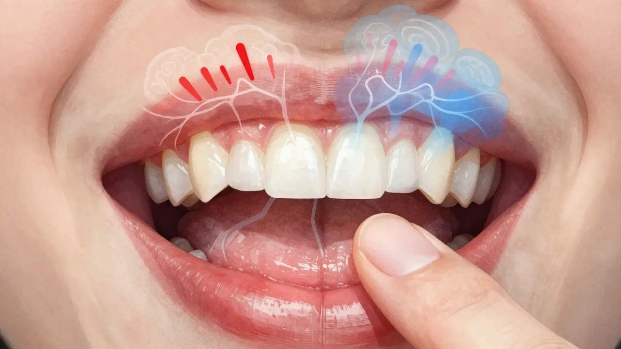 Blízký pohled na jazyk, který objevuje nové zubní fazety, s abstraktními signály v mozku.