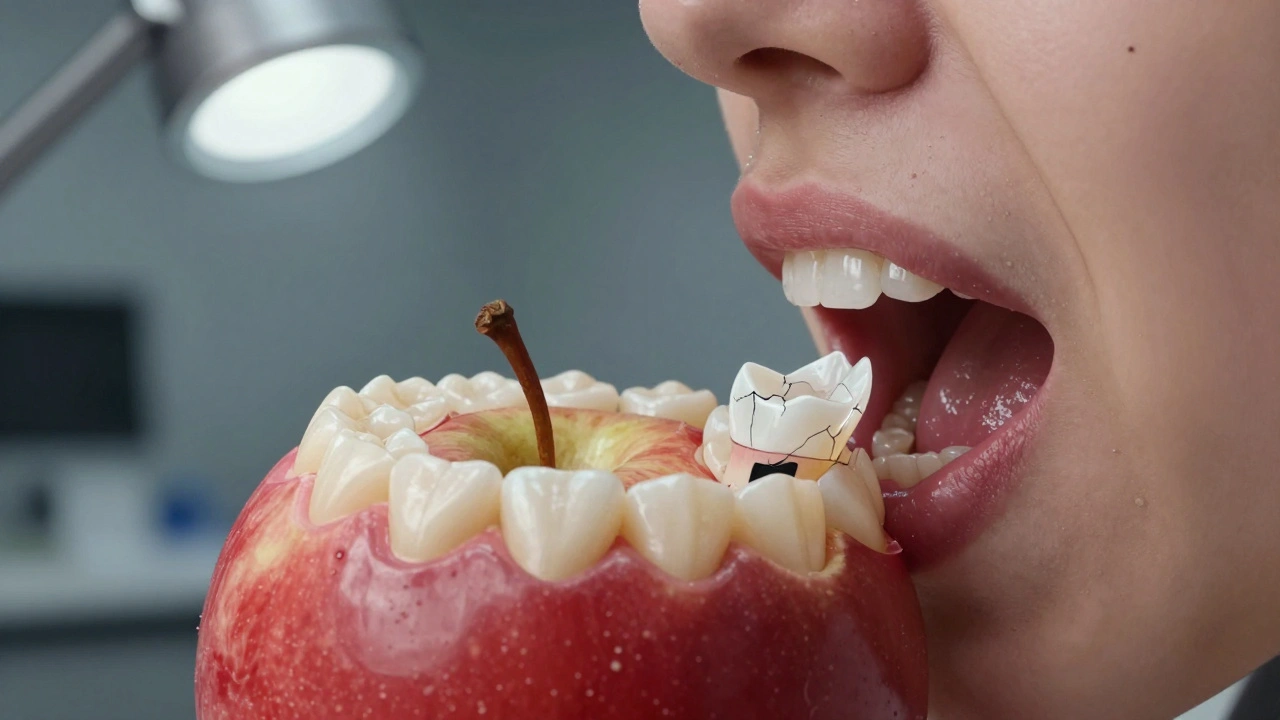 Částečně odlepený nalepovací zub při kousnutí jablka.