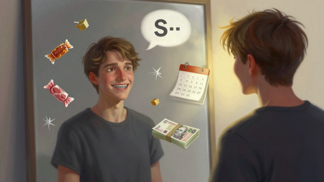 Člověk se dívá do zrcadla, jeho odraz ukazuje sebevědomý úsměv s rovnými zuby, zatímco on sám má rovnátka.