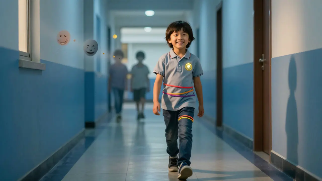 Dítě jde po chodbě se smíchem a barevnými gumičkami na rovnátka.