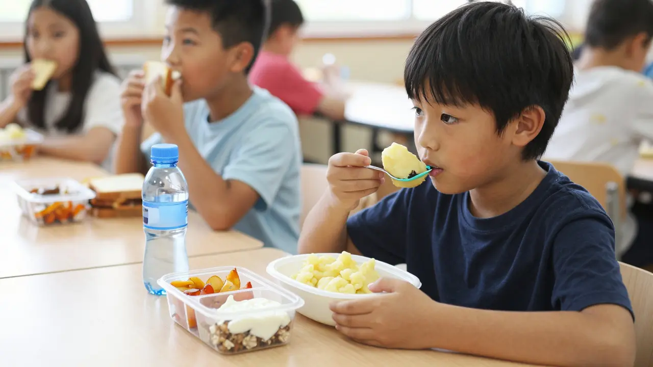 Dítě jí měkké jídlo ve školní jídelně s vlastním obědem.