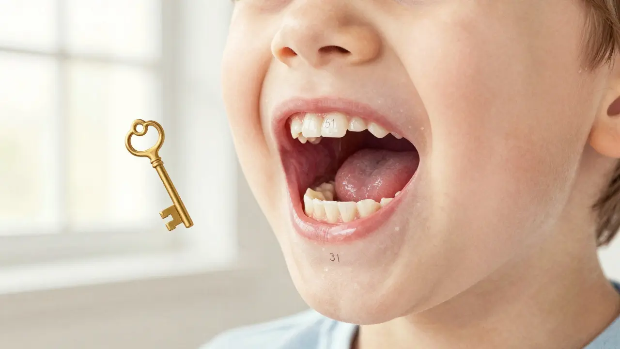 Dítě ztrácí mléčný řezák, zatímco trvalý zub vyrůstá pod ním, symbolizující přirozenou výměnu zubů.