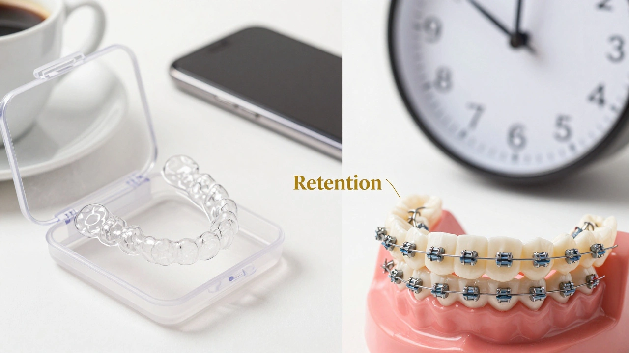 Dvě strany: průhledné rovnátka vs. kovová rovnátka s upozorněním na retenci.