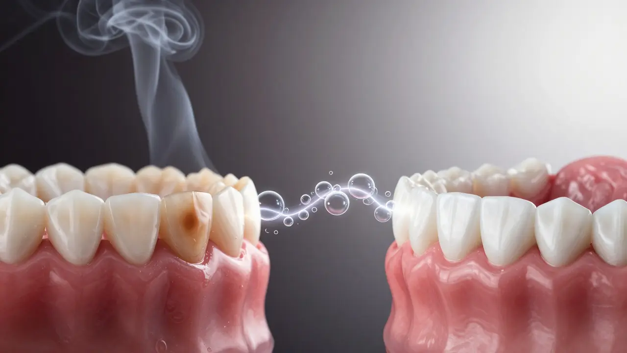 Dvě strany zubů: jedny tmavé od kávy a cigaret, druhé bílé po bělení Opalescence.