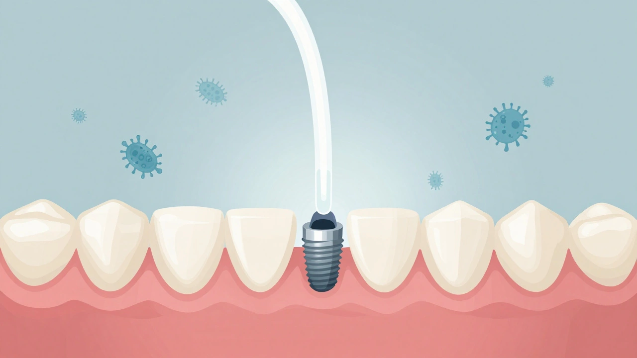 Jemné pláchnutí solným roztokem kolem místa implantátu bez narušení sraženiny.