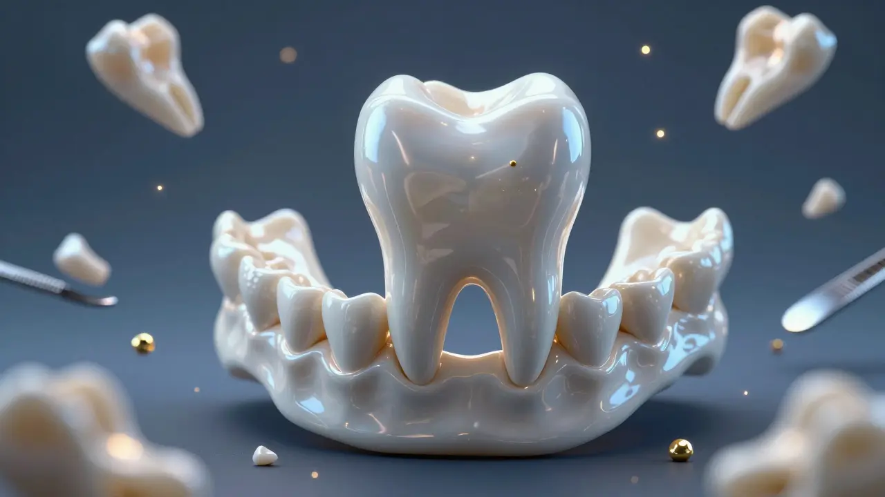 Keramická fazeta překrývající křivý zub na vnitřní straně čelisti.