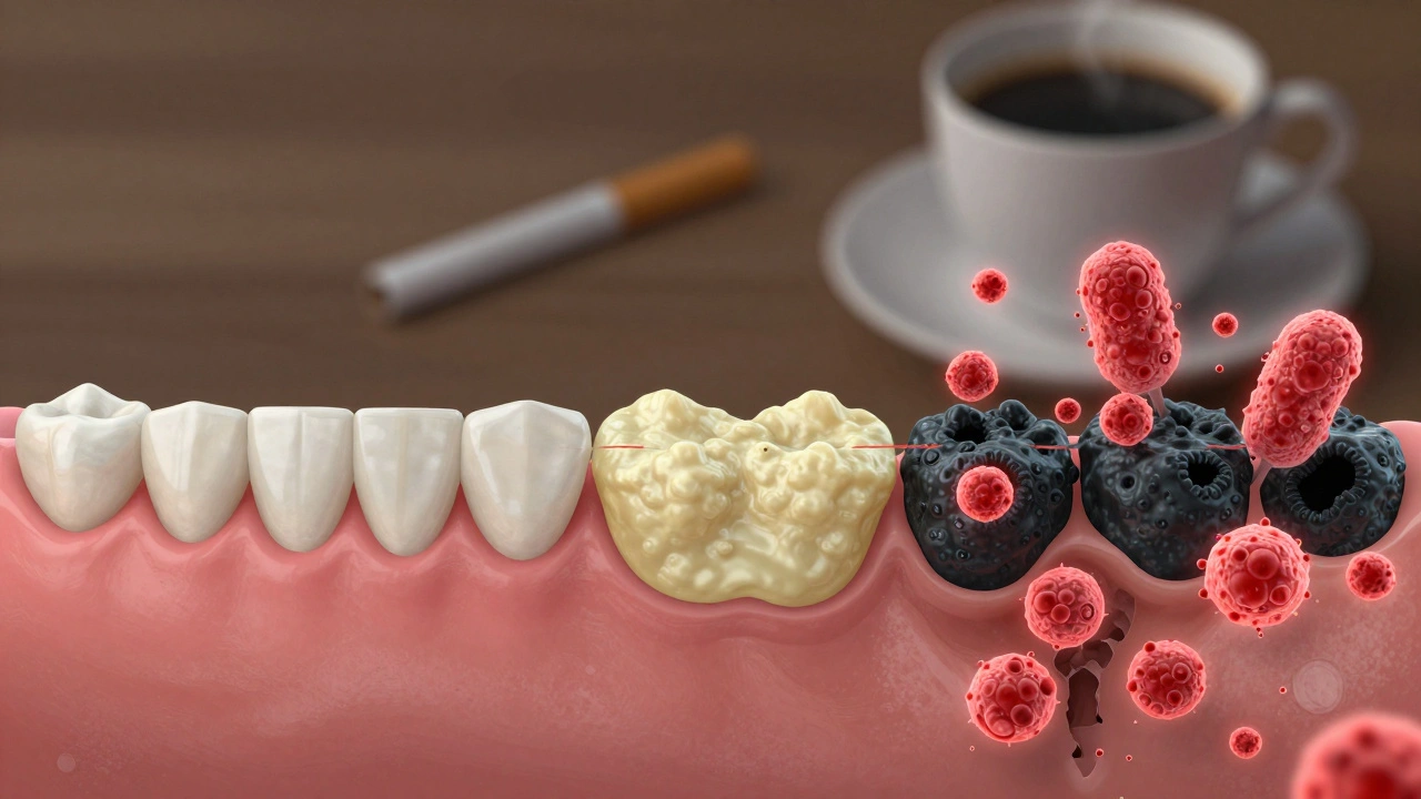 Koncepční obrázek vývoje zubního kamene od plaku až po poškození kosti.