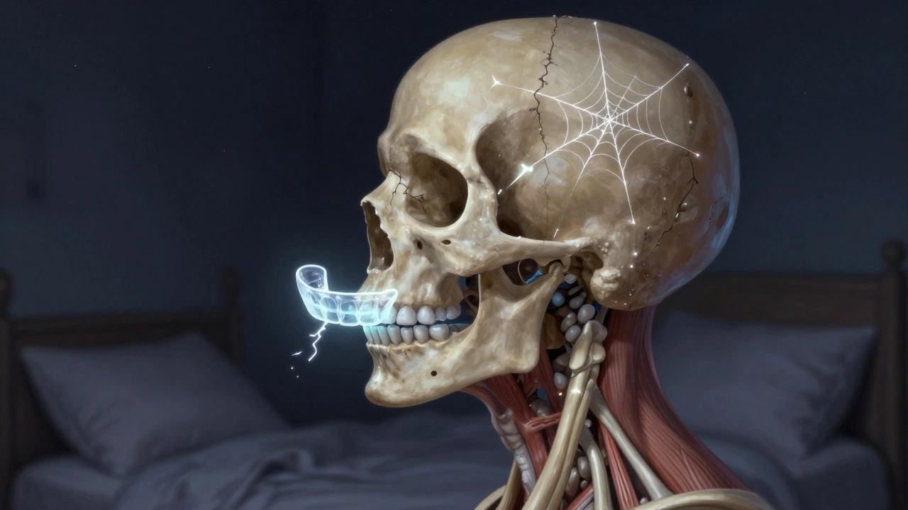 Kostěná lebka s vyzařující prasklinou v zubu, která se rozšiřuje do čelisti a krku, s ochrannou nápravou nad ní.