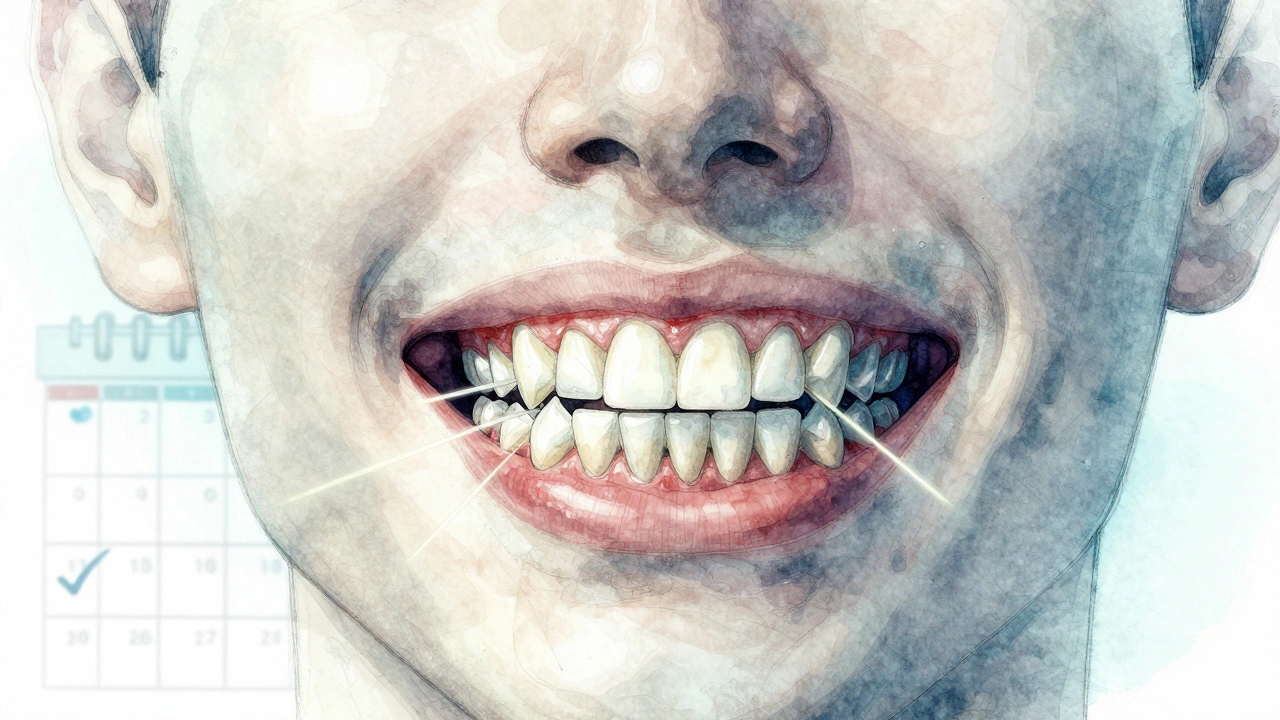 Křížový řez čelisti s gumičkami táhnoucími dolní čelist dopředu k opravě příkrytu.