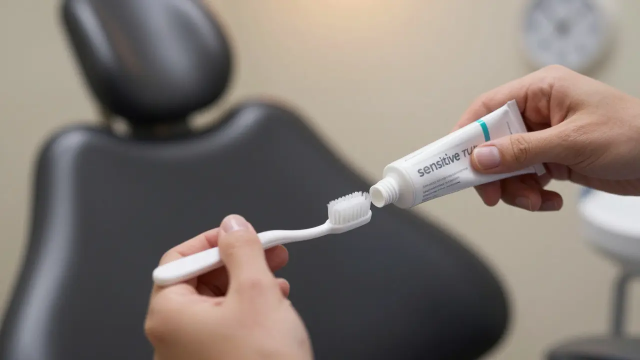 Měkký zubní kartáček jemně čistí zuby, vedle něj tuba zubní pasty pro citlivé zuby.