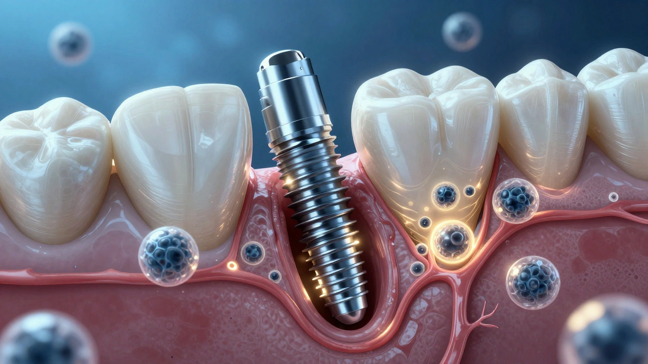 Mikroskopický pohled na titanový implantát spojený s kostí čelisti, kostní buňky rostou kolem něj.