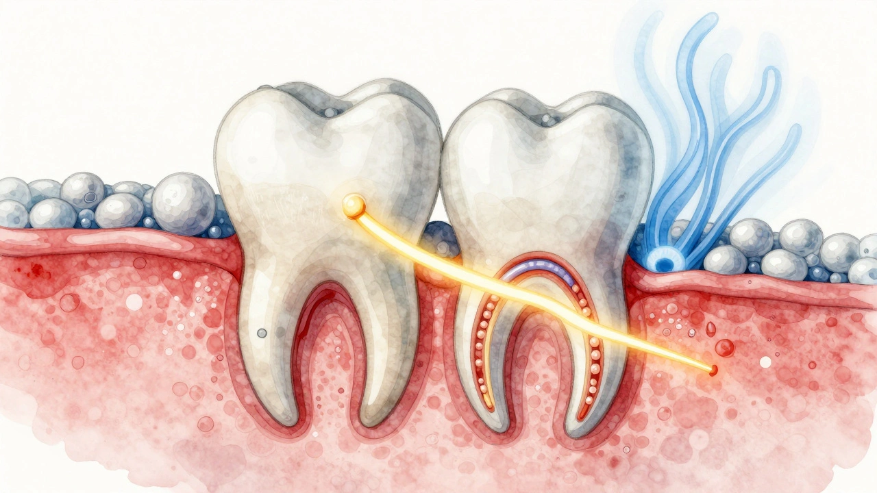 Mikroskopický pohled na zubní dento s kanálky uzavřenými argininem a hydroxyapatitem, znázorňující obnovu skloviny.