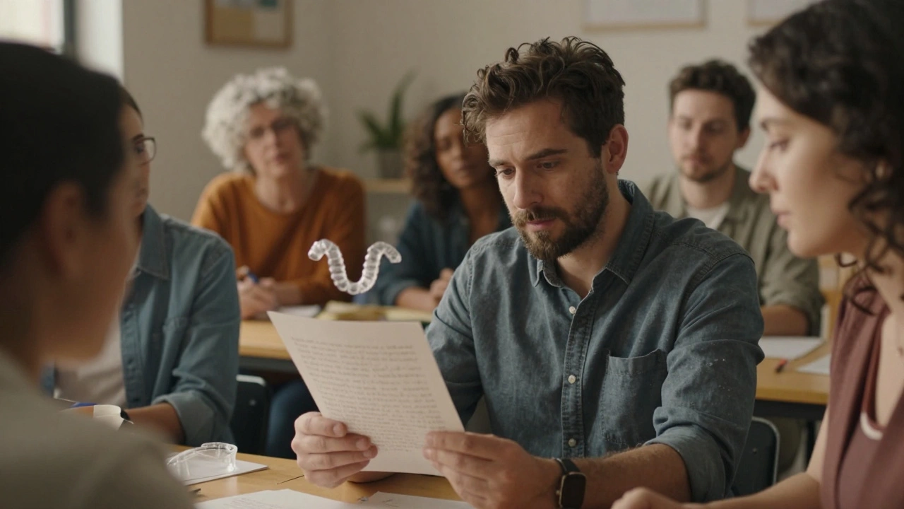 Muž čte příběh na workshopu, jeho zuby jsou skryty v neviditelných rovnátkách.