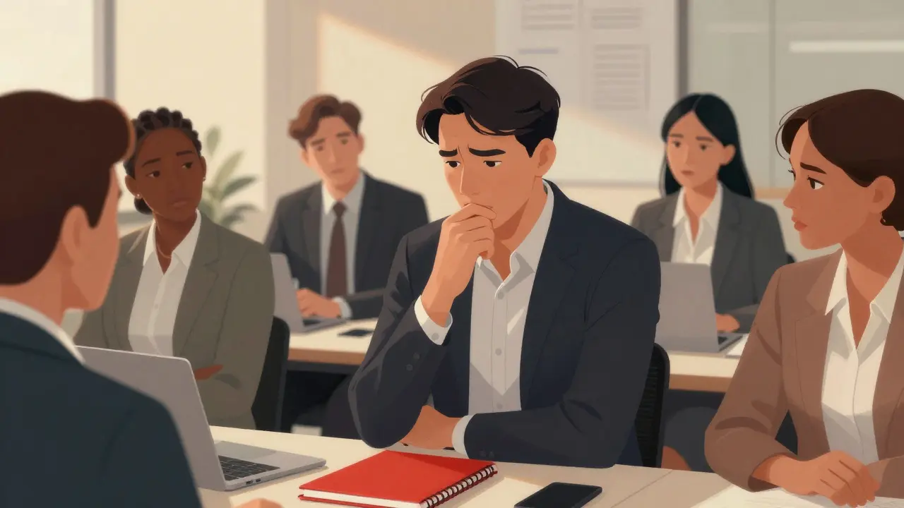 Muž v kanceláři se zastavil během prezentace, ruka se dotýká úst.