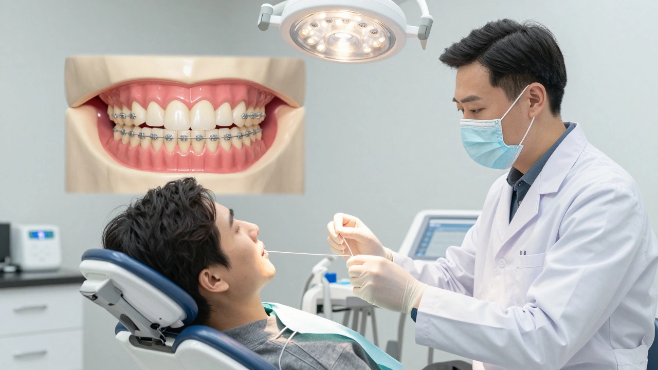 Ortodont upravuje klasická kovová rovnátka pacientovi v klinice.