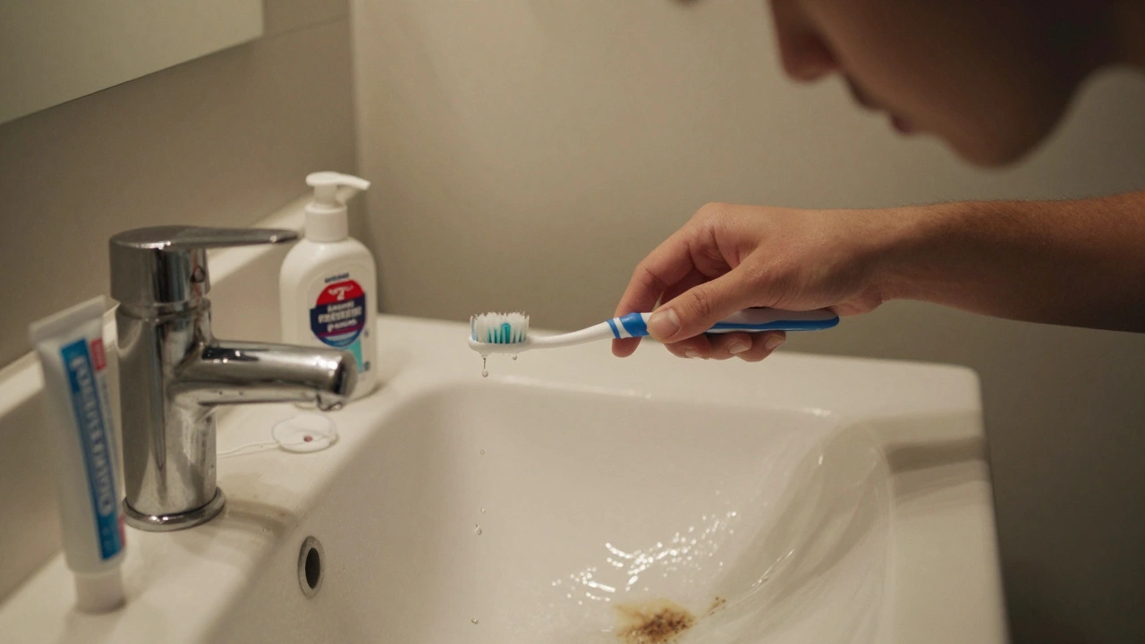 Osoba čistí si zuby, na stole jsou zubní pasta, nit a kaple s chlorhexidinem.