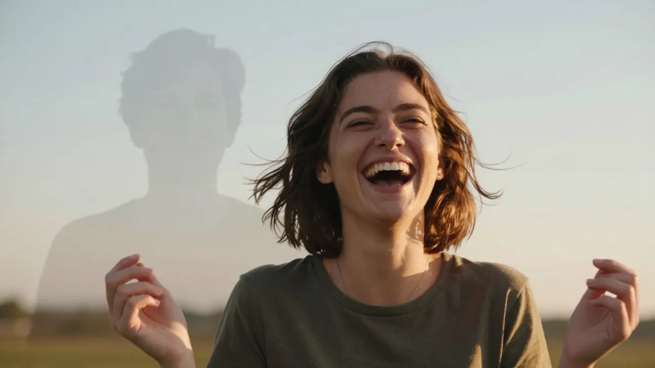 Osoba se směje na slunci, představující přijetí nového úsměvu po přizpůsobení.