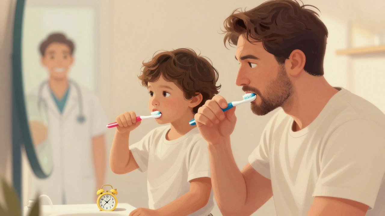 Otec a dítě společně čistí zuby u zrcadla, symbolizující rodinnou návykovou praxi.