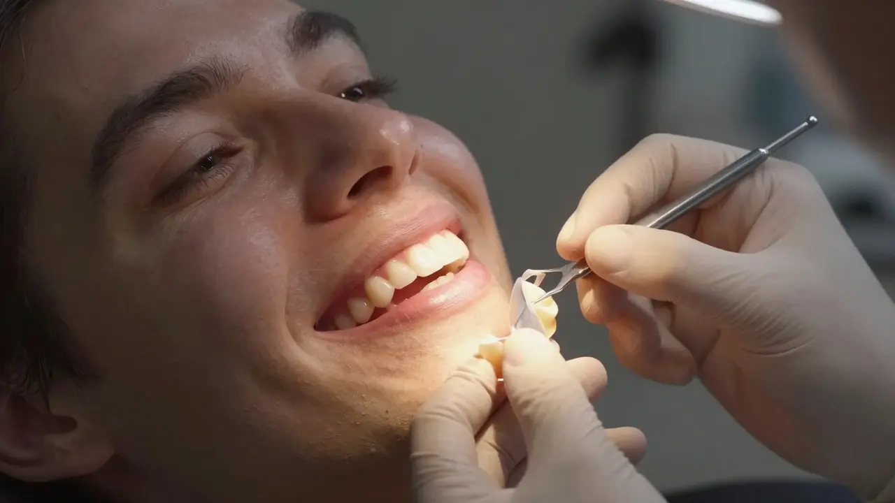 Pacient se usmívá s novou zubní náhradou, v pozadí jsou nezřetelné ruce technika.