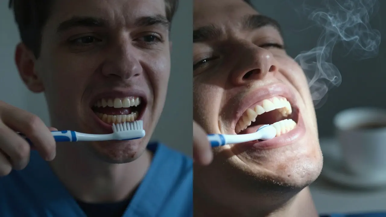 Porovnání neúčinného domácího čištění a profesionálního očištění zubů.