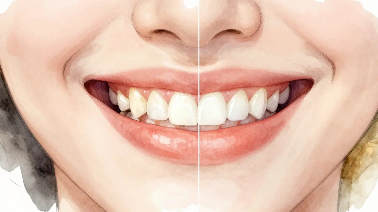 Porovnání před a po: zuby s nepravidelnostmi a zbarvením vs. dokonalé fazety.