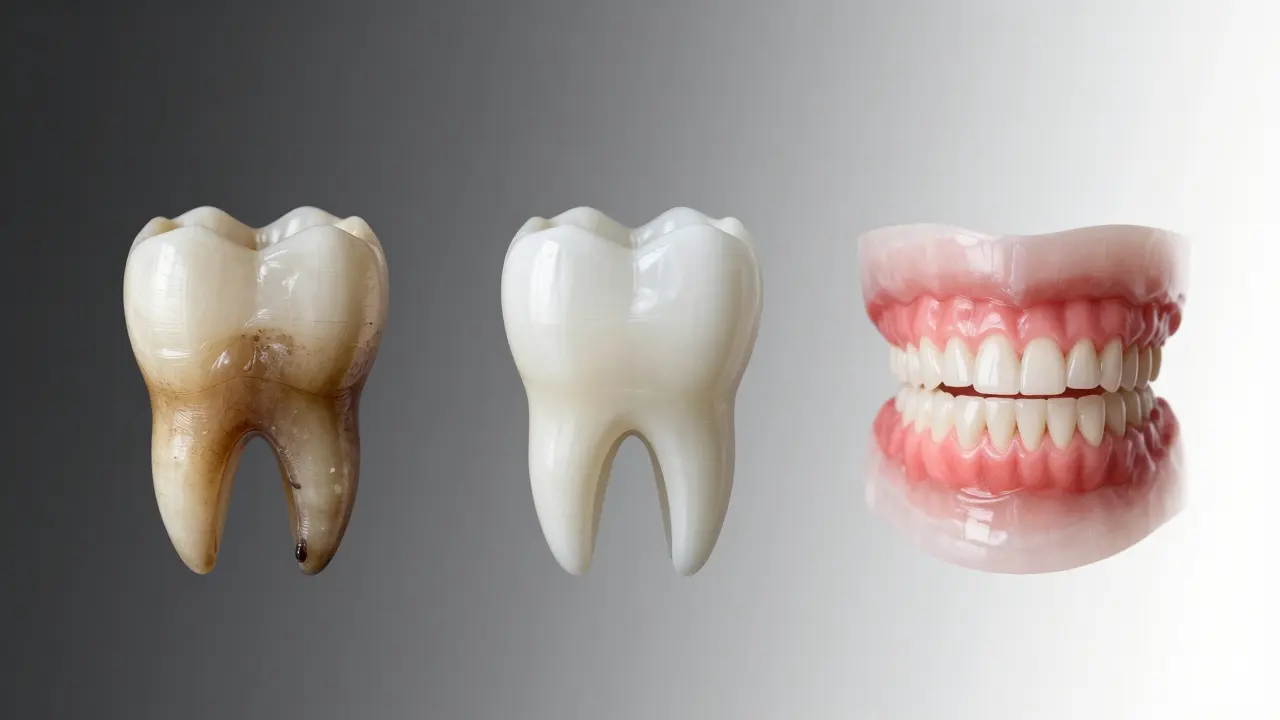 Porovnání zubu před a po broušení: znečištěný, čistý a zdravý, symbolizující prevenci.