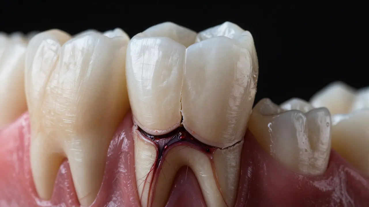 Poškozený třenový zub s infekcí v kořeni a kompozitní fazetou na koruně, symbolizující skrytý problém.