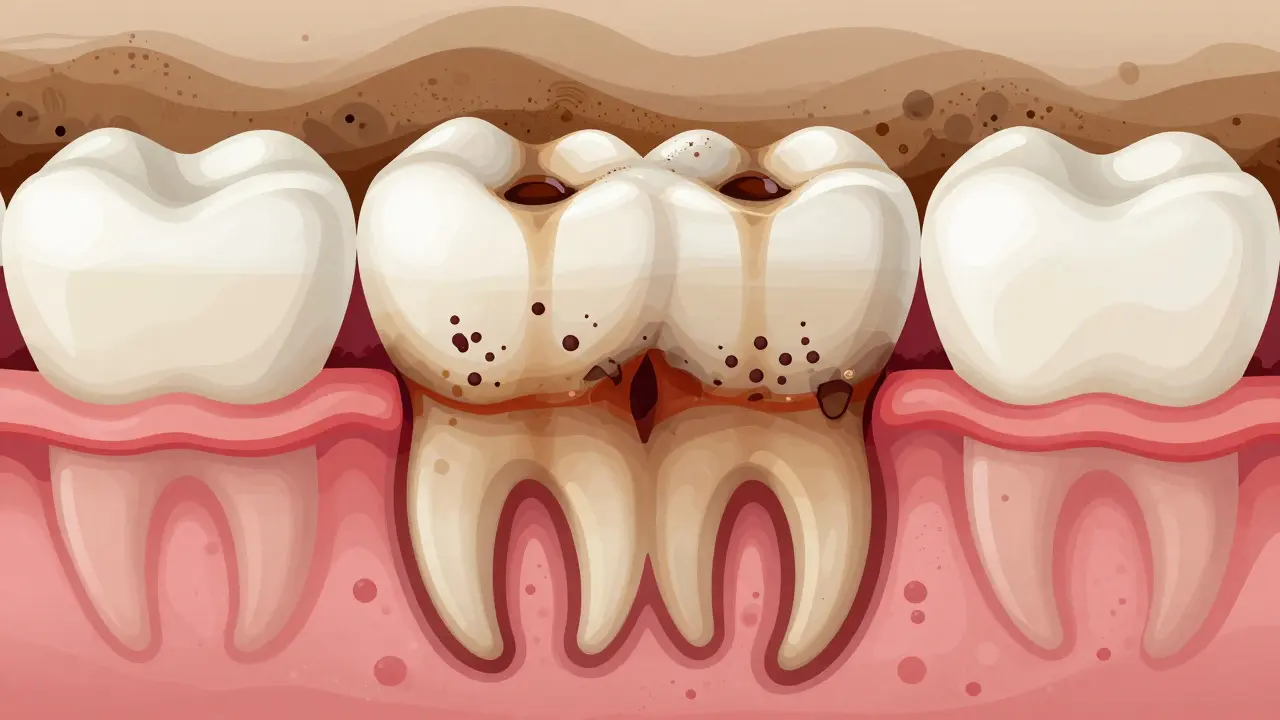 Příčiny hnědých skvrn na zubech: kámen, bakterie a vnitřní kaz v řezu zubu.