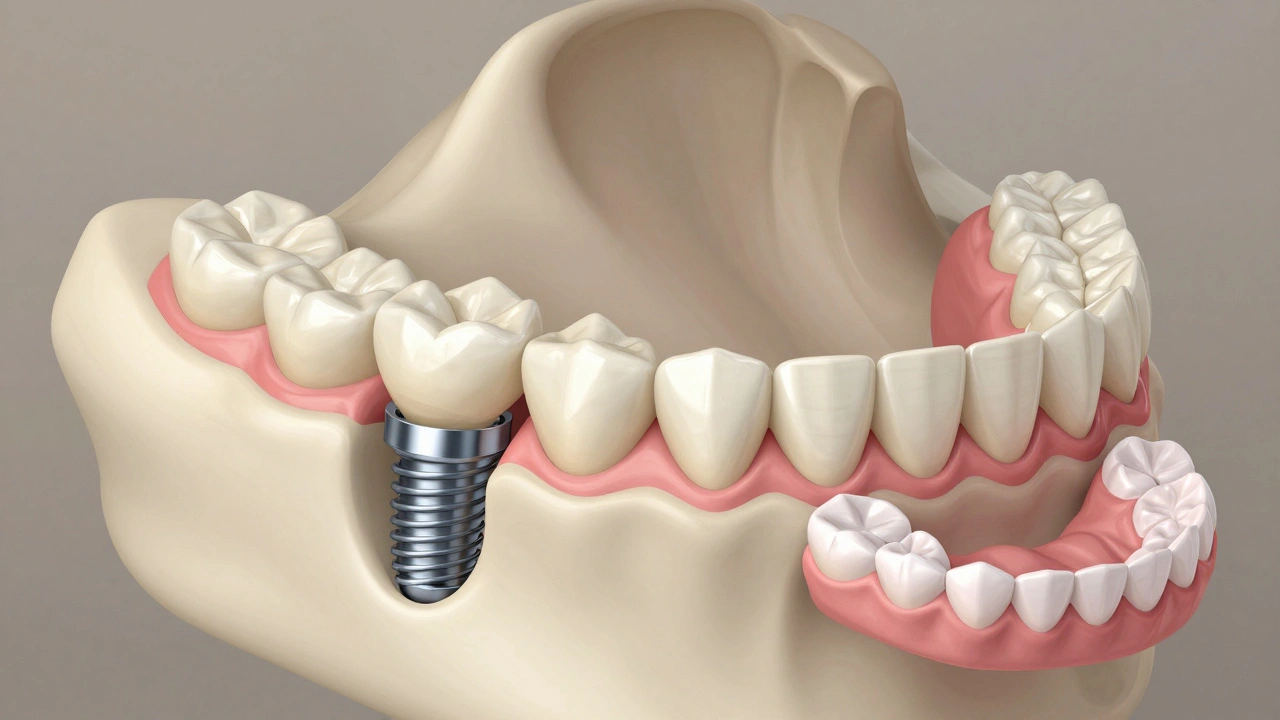 Průřez čelistí s třemi typy náhrad zubů: implantáty, most a protéza.