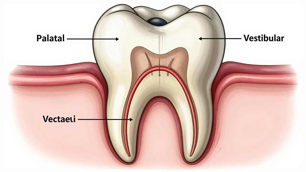 Průřez třenového zubu se dvěma kořeny a kanály, anatomická ilustrace v klinických tónech.