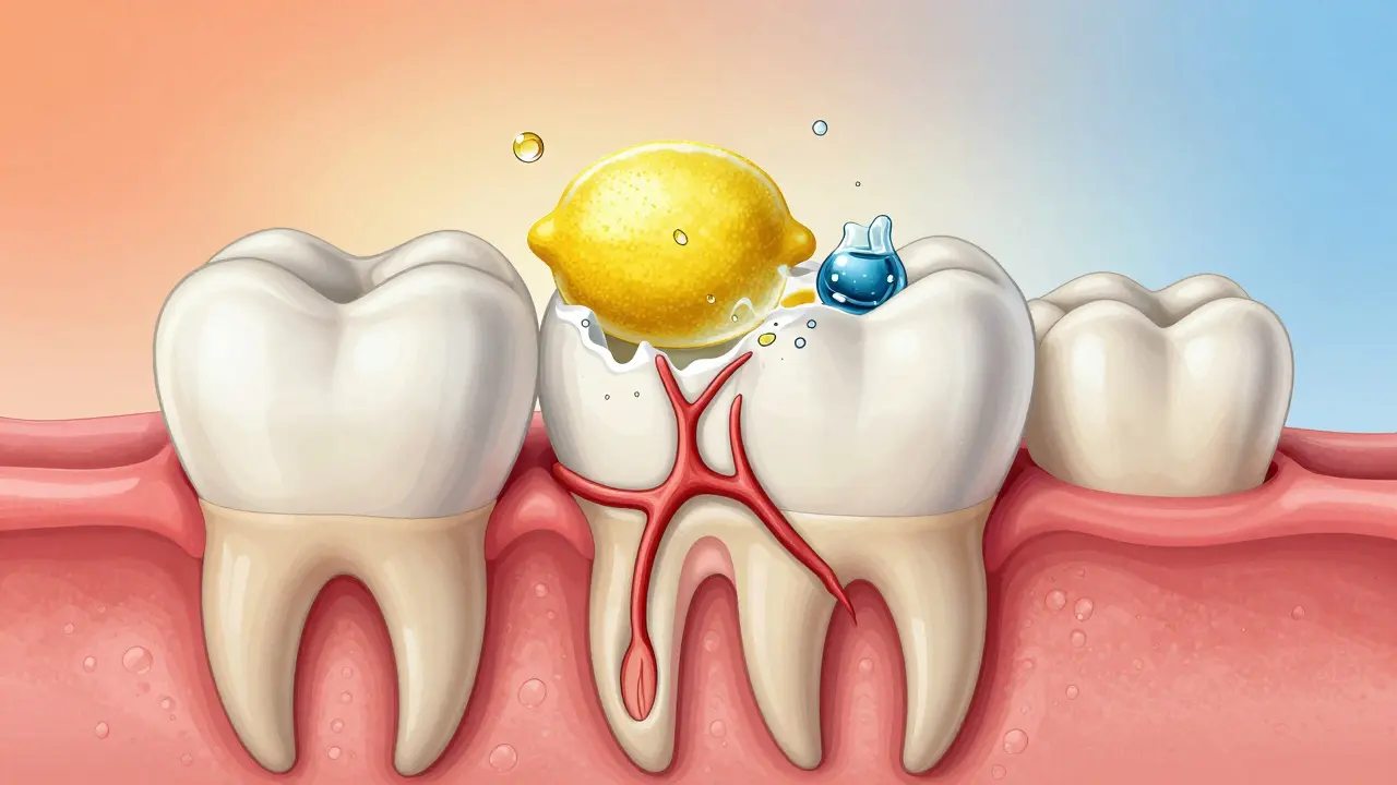 Průřez zubu s odhalenými nervy a kyselými kapkami ničícími sklovinu.