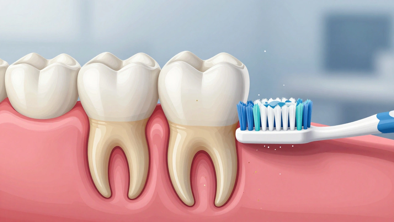 Průřez zubu s zirkoniovou korunkou a čistící kartáček odstraňující plak.
