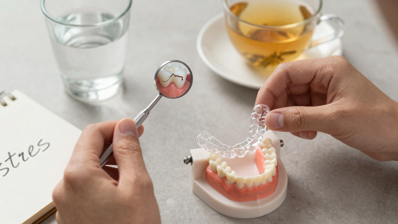 Ruce ukládají zubní nápravu na model, vedle ní voda, čaj a poznámka o stresu, přirozené osvětlení.