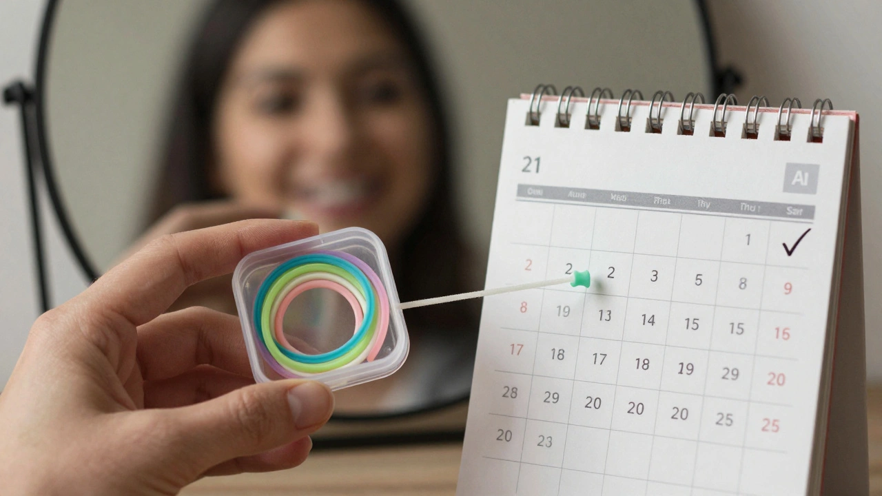 Ruka drží krabičku s gumičkami vedle kalendáře s 21 značkami, symbolizující pravidelné nosení.