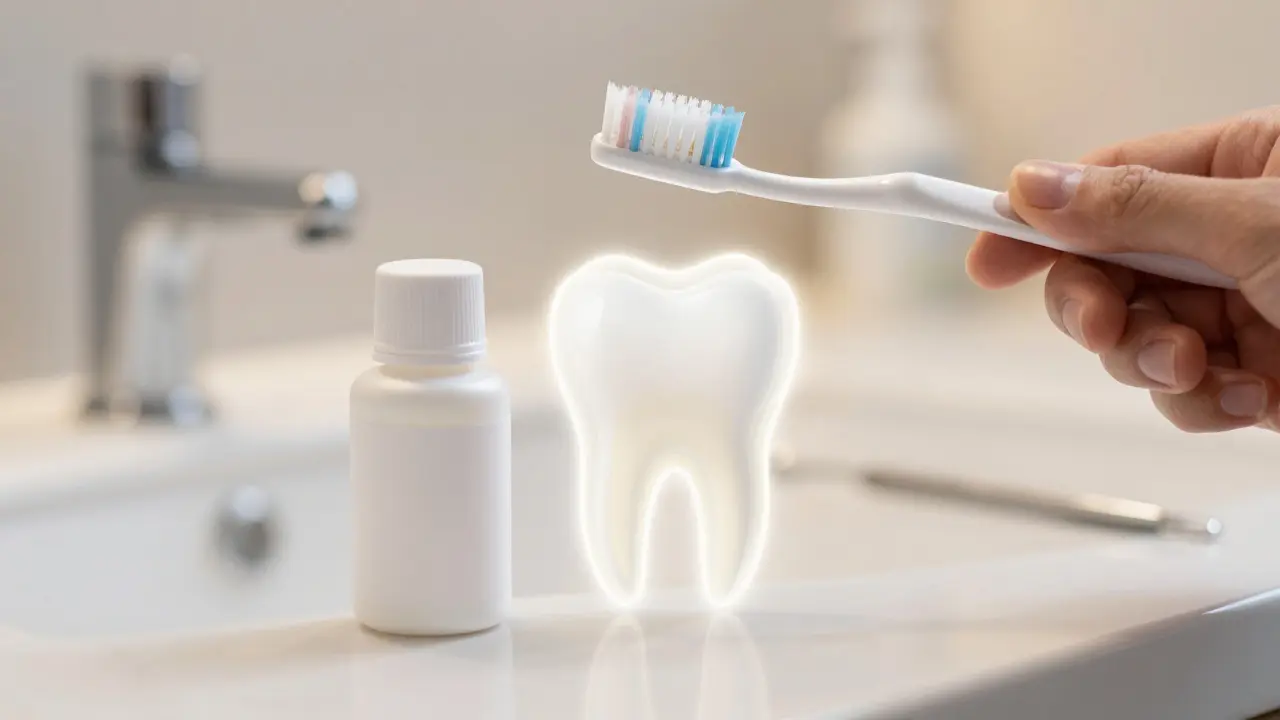 Rukou držená zubní kartáček a glycinový prášek vedle symbolického zubu s vnitřními vrstvami.