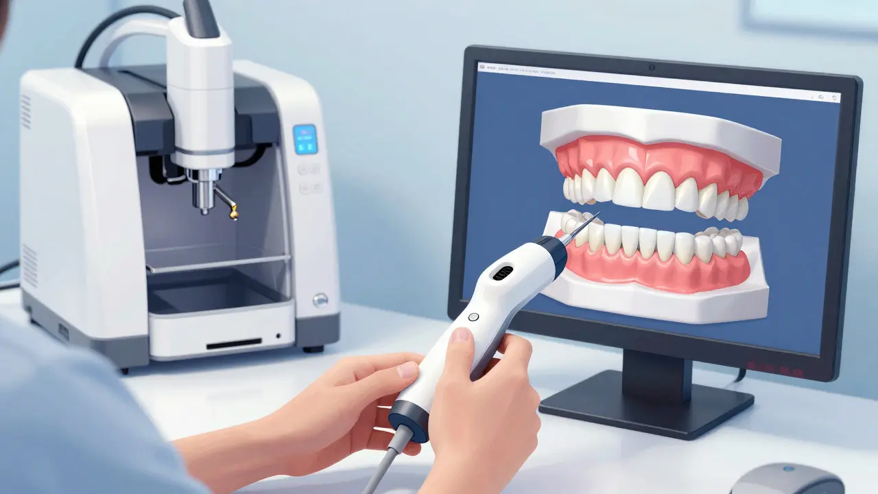 Technik skenuje model úst s digitálním skenerem, na obrazovce se zobrazuje 3D náhrada.