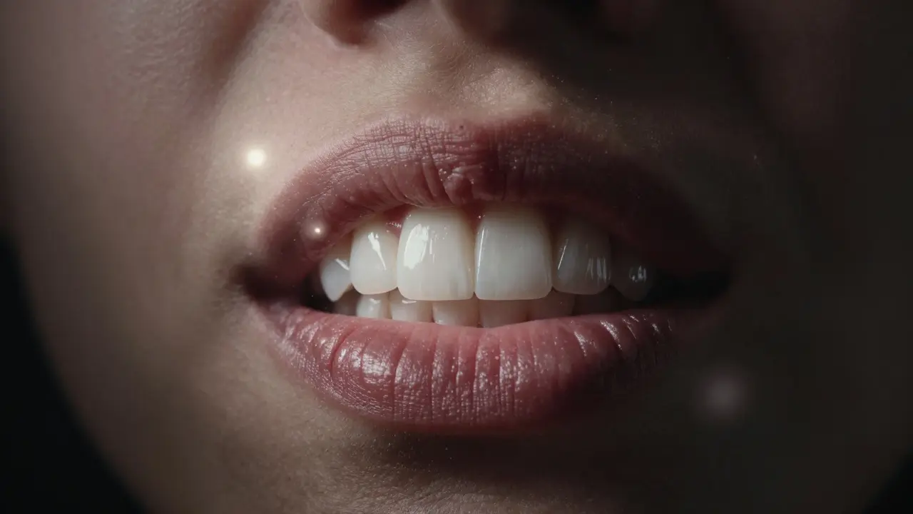 Tenké keramické fazety lehce visící nad rty, symbolizující změnu vzhledu a sebevědomí.