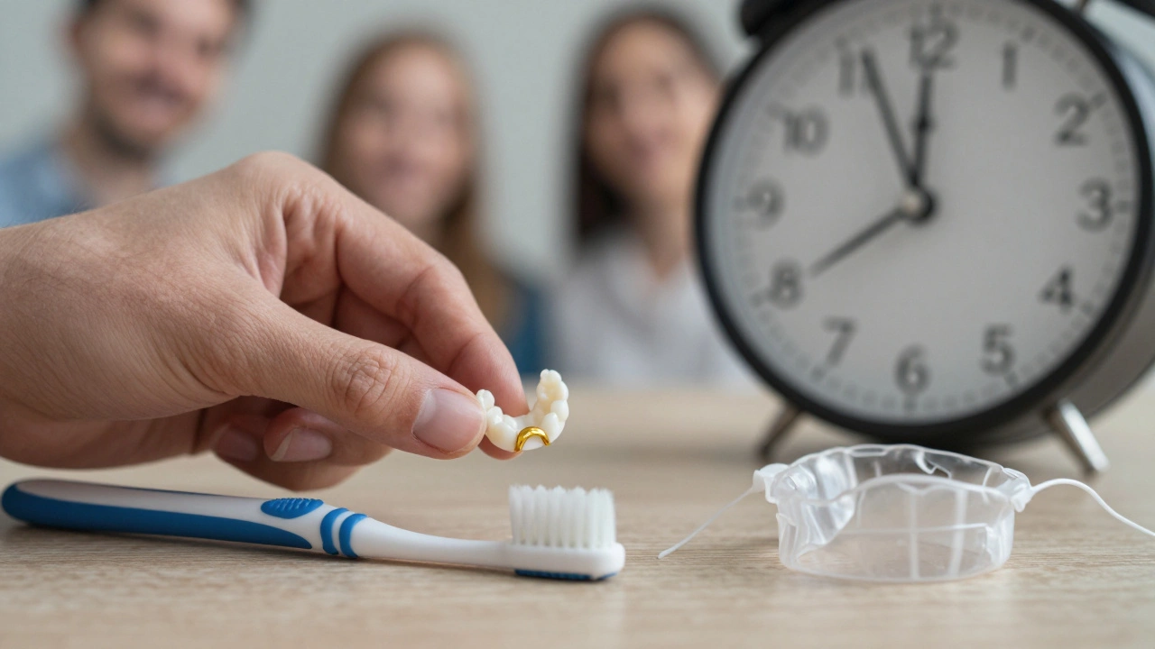 Uvolněná korunka vedle zubního kartáčku a noční štítu s hodinami.