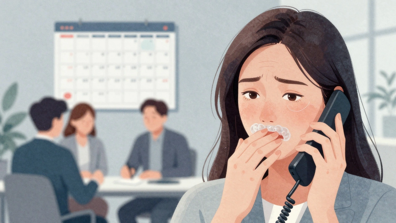 Žena hovoří po telefonu, ruka přes ústa, viditelná transparentní rovnátka, pozadí kanceláře.